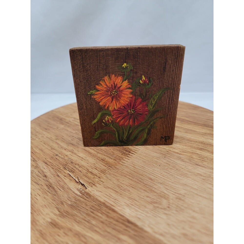 Handpainted Floral On Wooden Block 3.5x3.5